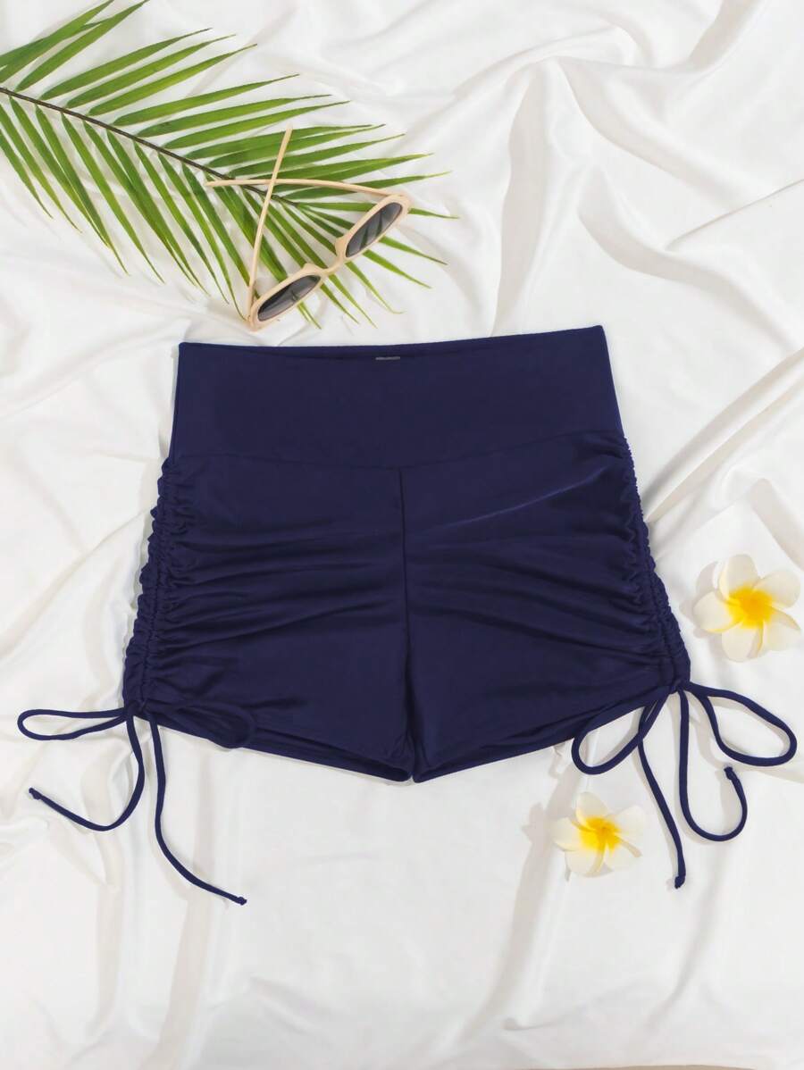 Swim Basics Vacation Beach Solid Color Side Drawstring Bikini Bottom For Summer - Navy Blue - View 1