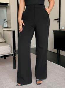 Dazy Plus Plus Size Solid Color Loose Straight Leg Casual Black Pants, All Season Long Style Business Casual Woman Pants,Women Dress Pants