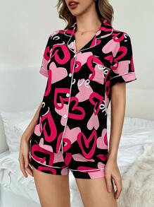 印花领短袖短裤睡衣套装