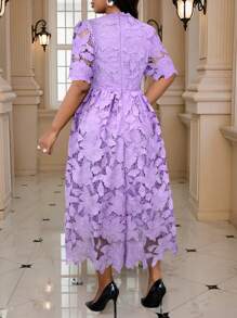 Fleurora Spring And Summer Autumn And Winter Elegant Commuting Wedding Valentine's Day Office Colorful Woven Lace Round Neck Flared Puff Sleeve Ruffle Neck Midi Short Sleeve Plus Size Dresses Holiday Outfits Classy Outfits Fall Clothes Curve - Purple - View 2