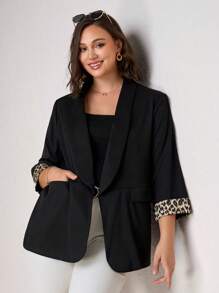 Chikora Black Contrast Leopard Print Plus Size Women's Blazer With Cuff Splicing, Elegant Daily Wear Office Commute In Fall/Winter - Black - View 6