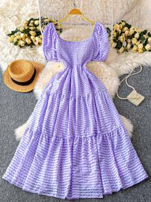 DreamSkyne Plus Size Women Summer Beach Vacation Tiered Ruffle Puff Sleeve Patchwork Dress - Purple - View 2