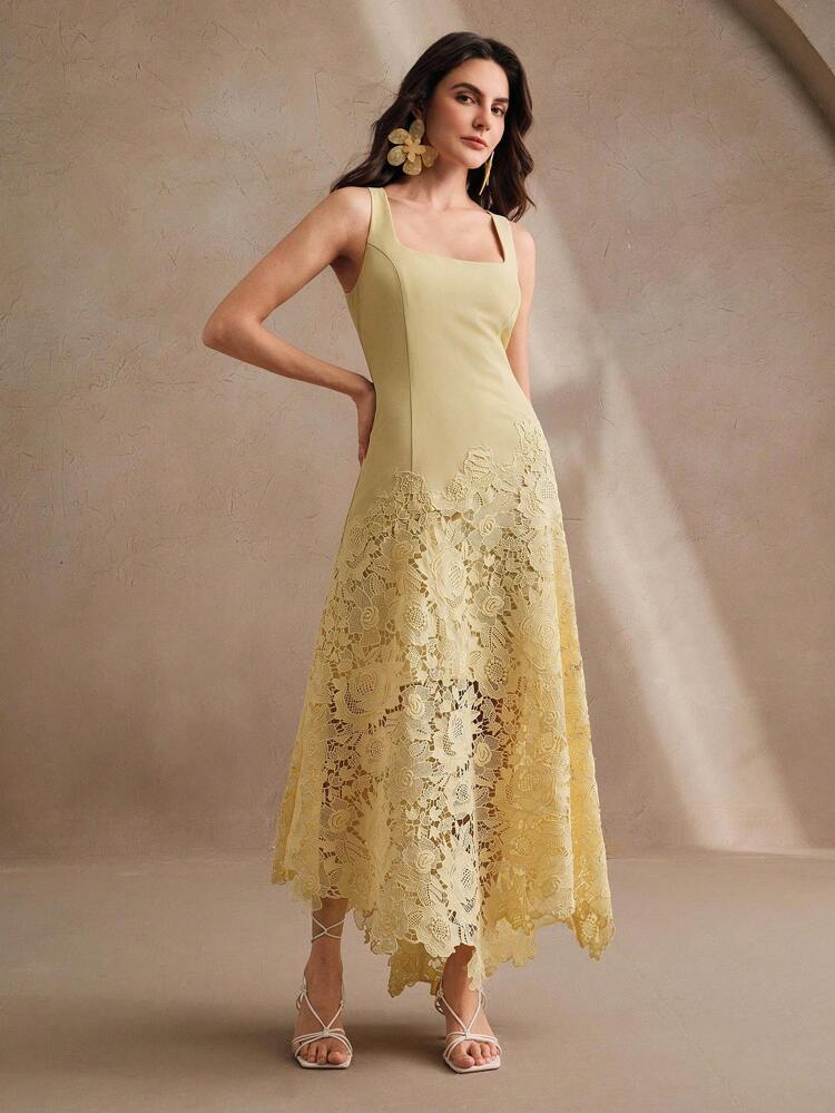Nouvelle robe d'été pour femmes, de coupe près du corps, sans manches, à la taille cintrée, avec dentelle ajourée, en jaune papillon