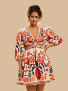 Travachic Vestido Floral Boêmio de Plus Size, Casual, de Férias, com Manga Lanterna