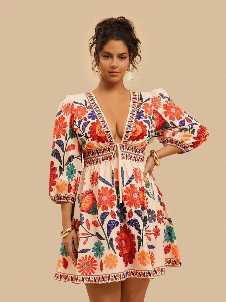 Travachic Vestido Floral Boêmio de Plus Size, Casual, de Férias, com Manga Lanterna