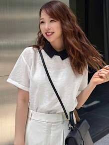FRIFUL Women's Peter Pan Collar Color Blocking Textural Sheer Shirt, For Graduation - White - View 4