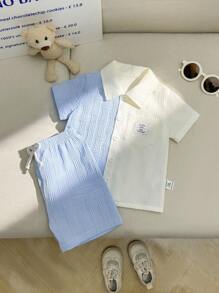 Set 2 piese pentru bebeluși băieți, copii mici/nou-născuți, 0-3 ani, primăvară/vară, casual, texturat, tricotat, cu dungi, jachetă, haină de exterior și pantaloni scurți, culoare contrastantă albastru și alb - Albastru si alb - Vizualizare 2