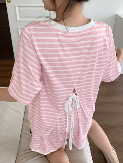 Dazy Plus 蝴蝶结条纹碎花宽松上衣和短裤睡衣套装