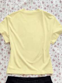 SHEIN EZwear 女士休闲鹿、花和蝴蝶印花圆领短袖 T 恤，夏季 - 黃色 - 查看 2