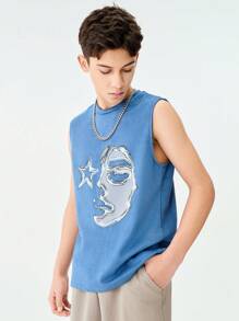 SHEIN 1pc Teen Boy Casual Funny Portrait Print Top, Loose Fit Street Fashion Basketball Tank Top, Suitable For Summer, Hip Hop, Streetwear, Sports, Music Festival - Blue - View 1