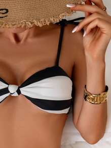 SHEIN Swim 女士黑白简约扭纹比基尼套装