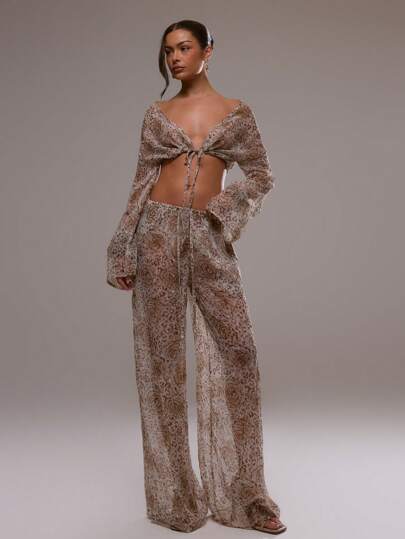 MUSERA Calças de malha estampada com flores, pernas largas e amarração na cintura, perfeitas para o verão em Ibiza, férias românticas em festivais, moda praia, estilo boho e festas no outono.