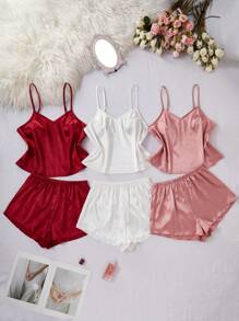 SilkySpell 3件套女士简约纯色吊带背心和短裤睡衣套装 - 彩色 - 查看 3