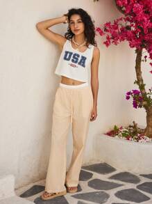 SHEIN EZwear 女式休闲美国字母和独立日图案修身短款圆领棉混纺背心，夏季复古 - 白色 - 查看 8