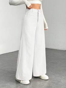 SHEIN PETITE Quần ống rộng lưng thấp màu trơn đơn giản thoải mái cho nữ - trắng - Xem 4