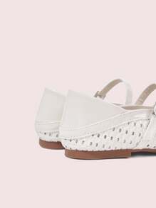 CUCCOO DOLLMOD Women's Round Toe Low Heel Beige Woven Mesh Fabric Chic Minimalist Buckle Strap Flats