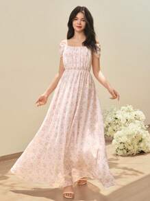 SHEIN 适合少女的优雅选美礼服，适合正式婚礼派对的雪纺花卉印花露肩吊带长裙，适合女孩 - 粉色 - 查看 1