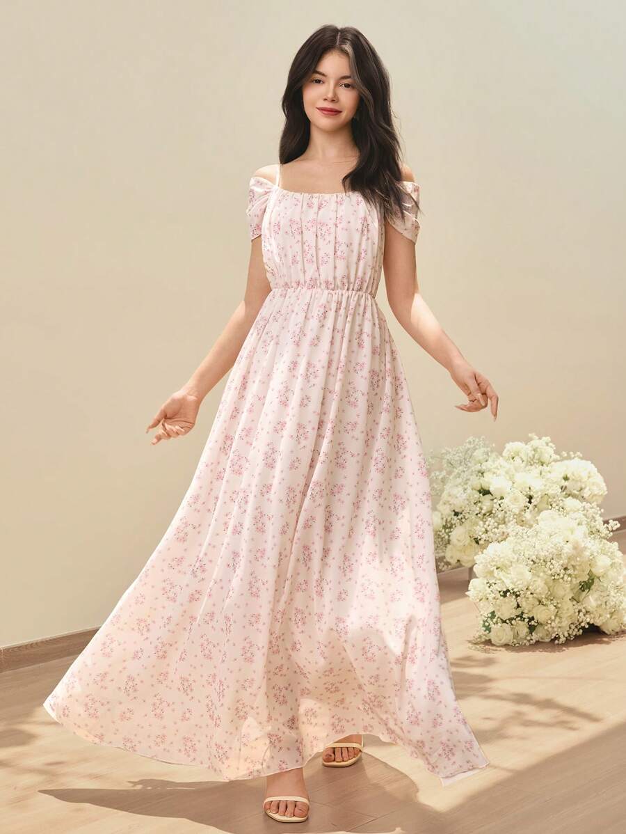 SHEIN 适合少女的优雅选美礼服，适合正式婚礼派对的雪纺花卉印花露肩吊带长裙，适合女孩 - 粉色 - 查看 1