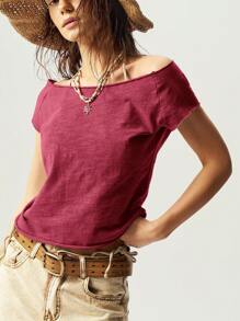 Bohemela Camiseta de mujer de cuello barco ajustada de unicolor lavada