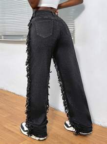 Slaydiva Women All-Season High Waisted Wide Leg Jeans With Fringe - Black - View 2