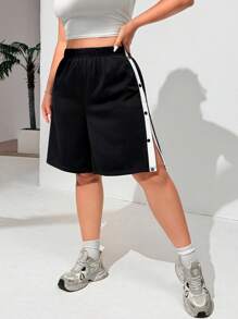 SHEIN EZwear Plus Size Black & White Loose Fit Slit Athletic Biker Shorts For Summer