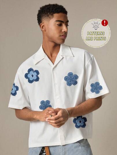 SWAVVY 男士夏季休闲花卉印花短袖白衬衫