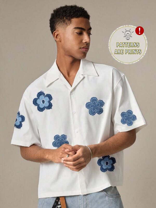 SWAVVY Men's Summer Casual Floral Print Short Sleeve White Shirt