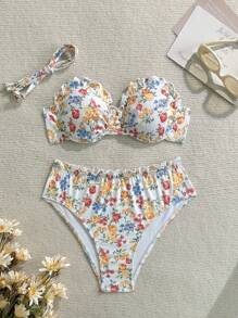 Swim Mod 2pcs Women Beach Swimsuit Set, Sweet Casual Random Print Adjustable Straps Ruffled Trim Padded Bikini For Summer Beach Vacation - Multicolor - View 4