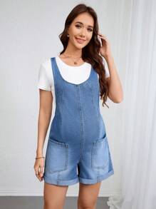SHEIN 孕妇夏季休闲拼布口袋牛仔背带短裤 - 中等水洗藍 - 查看 4