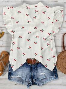 SHEIN Tall 女式春夏休闲白色樱花印花纹理V领盖袖衬衫 - 白色 - 查看 2