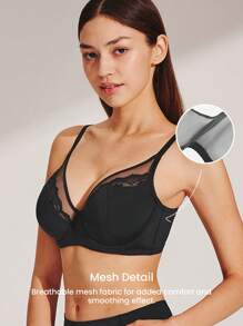 LUVLETTE Woman Lingerie Lounge Curve Sheer Full Coverage Support&Breathable Underwire Sexy Unlined Black Lace Elegance & Mesh Minimizer Bra Bridal Intimates