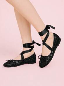 CUCCOO DOLLMOD 女士时尚优雅亮片蝴蝶结装饰平底鞋 - 黑色 - 查看 4