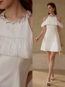 MOTF PREMIUM BEADED COLD SHOULDER DRESS - White - View 1