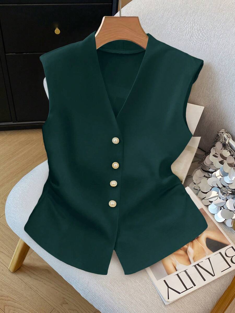 SHEIN Clasi 优雅精致的女士无袖衬衫 - 墨綠色 - 查看 1