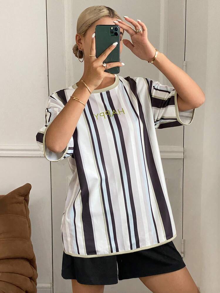 Women 2pcs/Set Letter Graphic Stripe Top & Solid Color Shorts Pajama Set, Casual Home Wear