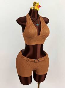 Amplova Set de 2 piezas con top corto con escote en V profundo y espalda de atar y pantalones cortos de cintura baja con textura - Naranja - Ver 10