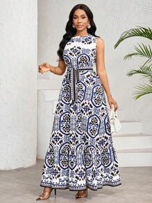 SHEIN Lady Đầm dài không tay cổ tròn in họa tiết toàn thân cho nữ mùa hè - Nhiều màu - Xem 3