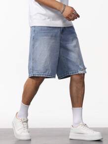 Manfinity Homme Men's Washed Basic Casual Denim Shorts Tropical Hang Out Street - Light Wash - View 4