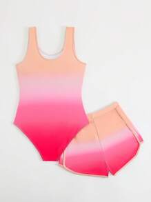 SHEIN 2 件套女童可爱渐变分体泳衣和短裤套装（固定印花） - 彩色 - 查看 2