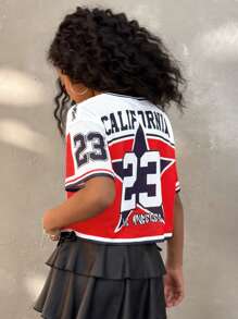 Coolane Kids Tween Girl Fall Jersey T-Shirt Spring/Summer Streetwear Graphics Red V-Neck Crop Tees Jersey Crop Tops, Red Top, School,Back To School,Homecoming - Black - View 7