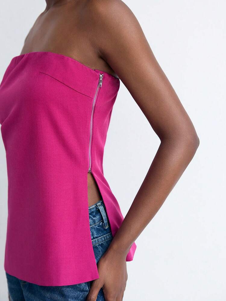 SHEIN Maija Blusa elegante y versátil de verano, de estilo urbano y casual, con diseño sin tirantes, abertura lateral y ajuste cómodo, adecuada para uso casual de oficina