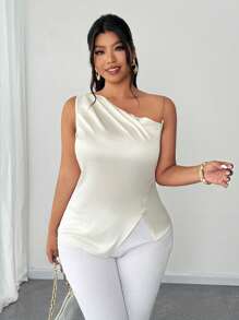 SHEIN Unity 1pc Plus Size Solid Color Chain Strap Asymmetrical Hem Camisole - Apricot - View 7