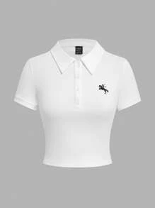 SHEIN EZwear Women's Casual White Polo Collar Embroidered Equestrian Short Sleeve T-Shirt - White - View 5