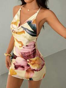 SHEIN PETITE Women's Print Plunging Neck Spaghetti Strap Backless Mini Dress - Multicolor - View 2