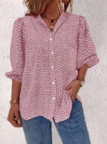 Linhara Plus Size Boho Front Button Allover Print Casual Blouse, For Summer