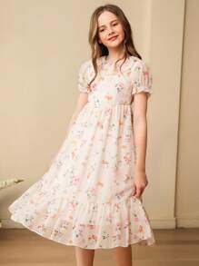 SHEIN Girls' Elegant Lady Round Neck Puff Sleeve Flounced Waist Midi Floral Print Chiffon Dress - Apricot - View 3
