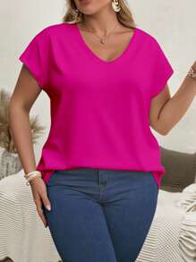 SHEIN LUNE Maglietta casual e versatile da donna, con scollo a V, maniche corte, tinta unita, taglie comode