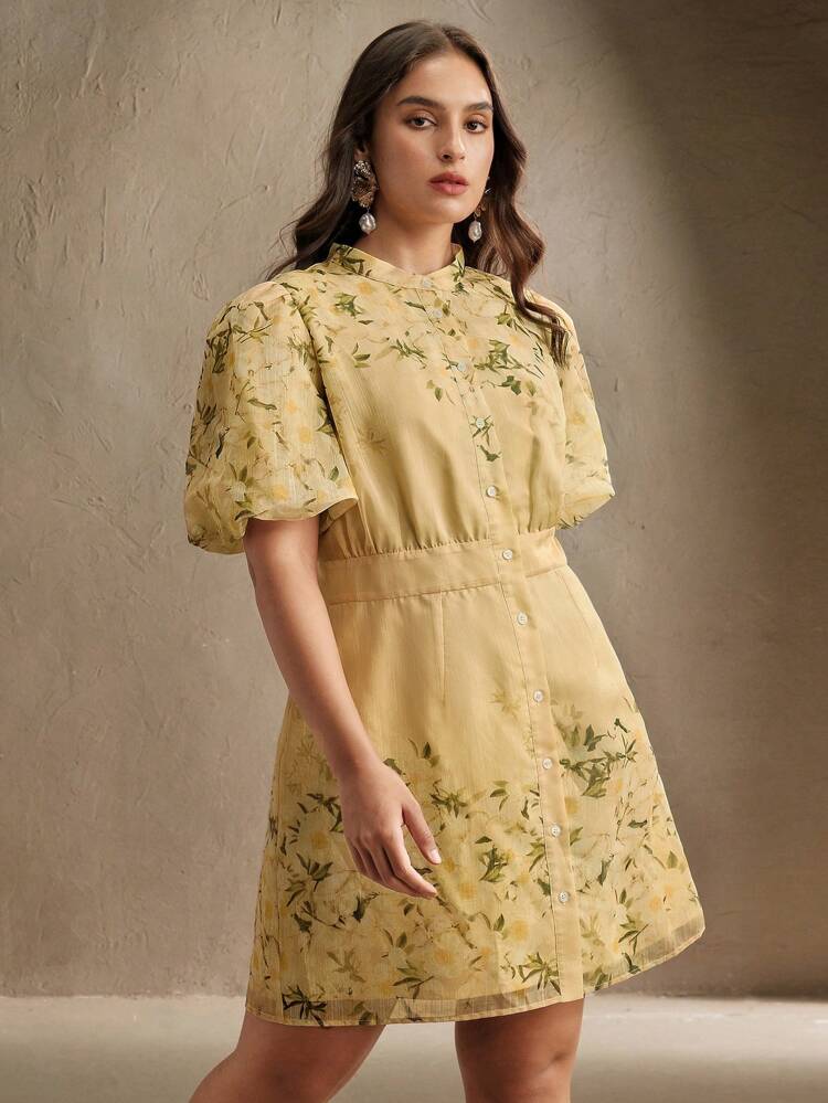 French Palace Style Yellow Floral Print Puff Sleeve Midi Dress, Stand Collar Waisted Retro Elegant Plus Size