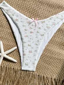 SHEIN Swim 女款2件式泳衣套裝，甜美可愛休閒度假派對風，紋理花卉圖案蝴蝶結裝飾，可調節肩帶，適合夏季海灘度假 - 彩色 - 查看 5