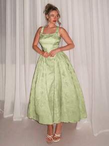 Relinas 早春新款女士方领蝴蝶结露背休闲派对中长连衣裙